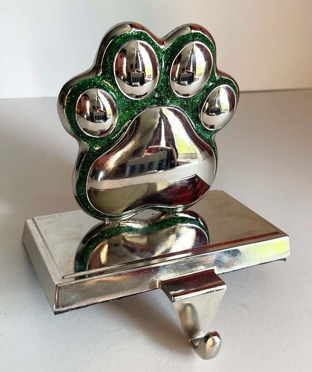 The Christmas Shoppe Green Glitter Silver Paw Print Metal Stocking Holder